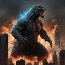 Amplify the sizzling intensity of the scene by portraying Godzilla unleashing a devastating atomic breath, streaking the sky with blinding energy, set against the backdrop of the detonating cityscape