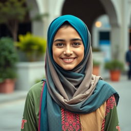 A beautiful Pakistani hijabi girl, wearing a vibrant colored hijab that complements her traditional outfit, standing in an urban environment