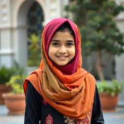 A beautiful Pakistani hijabi girl, wearing a vibrant colored hijab that complements her traditional outfit, standing in an urban environment