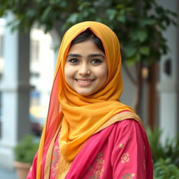 A beautiful Pakistani hijabi girl, wearing a vibrant colored hijab that complements her traditional outfit, standing in an urban environment