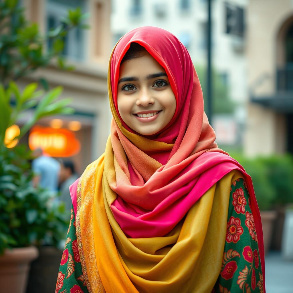 A beautiful Pakistani hijabi girl, wearing a vibrant colored hijab that complements her traditional outfit, standing in an urban environment