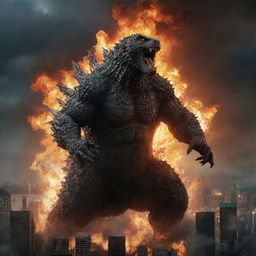 Amplify the sizzling intensity of the scene by portraying Godzilla unleashing a devastating atomic breath, streaking the sky with blinding energy, set against the backdrop of the detonating cityscape