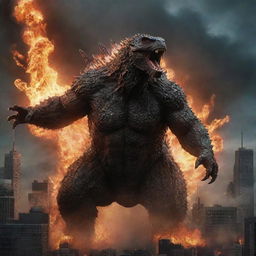 Amplify the sizzling intensity of the scene by portraying Godzilla unleashing a devastating atomic breath, streaking the sky with blinding energy, set against the backdrop of the detonating cityscape