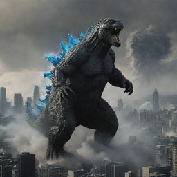 Add a twist to the scene by showcasing the effect of Godzilla's mighty atomic breath, forcefully blowing back the hulking frog, illustrating mid-air movement against the backdrop of the havoc-wreaked cityscape