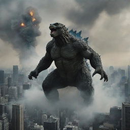 Add a twist to the scene by showcasing the effect of Godzilla's mighty atomic breath, forcefully blowing back the hulking frog, illustrating mid-air movement against the backdrop of the havoc-wreaked cityscape