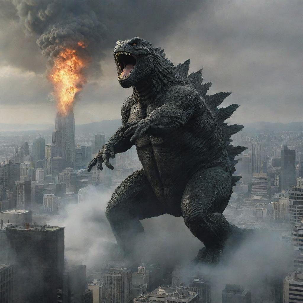 Add a twist to the scene by showcasing the effect of Godzilla's mighty atomic breath, forcefully blowing back the hulking frog, illustrating mid-air movement against the backdrop of the havoc-wreaked cityscape