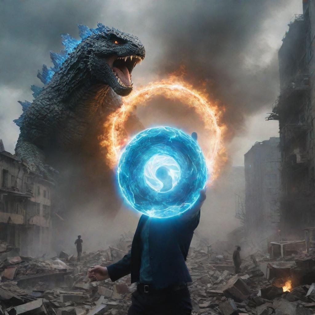 Reframe the image from the man's perspective, bringing forth a dazzling Rasengan (a spiraling sphere of energy) in his hand, charging towards Godzilla amid the rubble-strewn cityscape