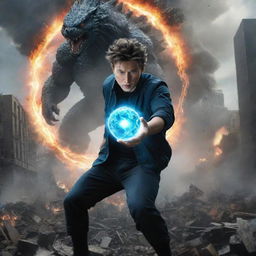 Reframe the image from the man's perspective, bringing forth a dazzling Rasengan (a spiraling sphere of energy) in his hand, charging towards Godzilla amid the rubble-strewn cityscape