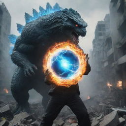 Reframe the image from the man's perspective, bringing forth a dazzling Rasengan (a spiraling sphere of energy) in his hand, charging towards Godzilla amid the rubble-strewn cityscape