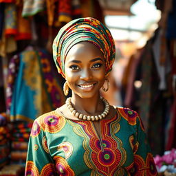 A stunning Nigerian hijabi girl, dressed in a colorful and intricate Ankara outfit that showcases traditional patterns