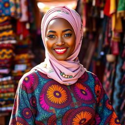 A stunning Nigerian hijabi girl, dressed in a colorful and intricate Ankara outfit that showcases traditional patterns
