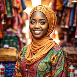 A stunning Nigerian hijabi girl, dressed in a colorful and intricate Ankara outfit that showcases traditional patterns