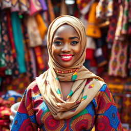 A stunning Nigerian hijabi girl, dressed in a colorful and intricate Ankara outfit that showcases traditional patterns