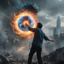 Reframe the image from the man's perspective, bringing forth a dazzling Rasengan (a spiraling sphere of energy) in his hand, charging towards Godzilla amid the rubble-strewn cityscape