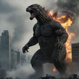 Transform the image to show Godzilla being hurled backward, betraying a ferocious expression of rage in reaction to the man's unexpected display of power in the cityscape under siege