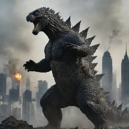 Transform the image to show Godzilla being hurled backward, betraying a ferocious expression of rage in reaction to the man's unexpected display of power in the cityscape under siege