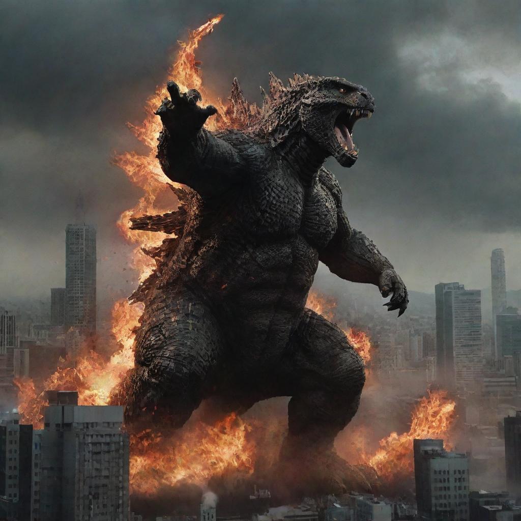 Transform the image to show Godzilla being hurled backward, betraying a ferocious expression of rage in reaction to the man's unexpected display of power in the cityscape under siege