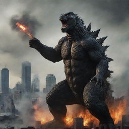 Transform the image to show Godzilla being hurled backward, betraying a ferocious expression of rage in reaction to the man's unexpected display of power in the cityscape under siege