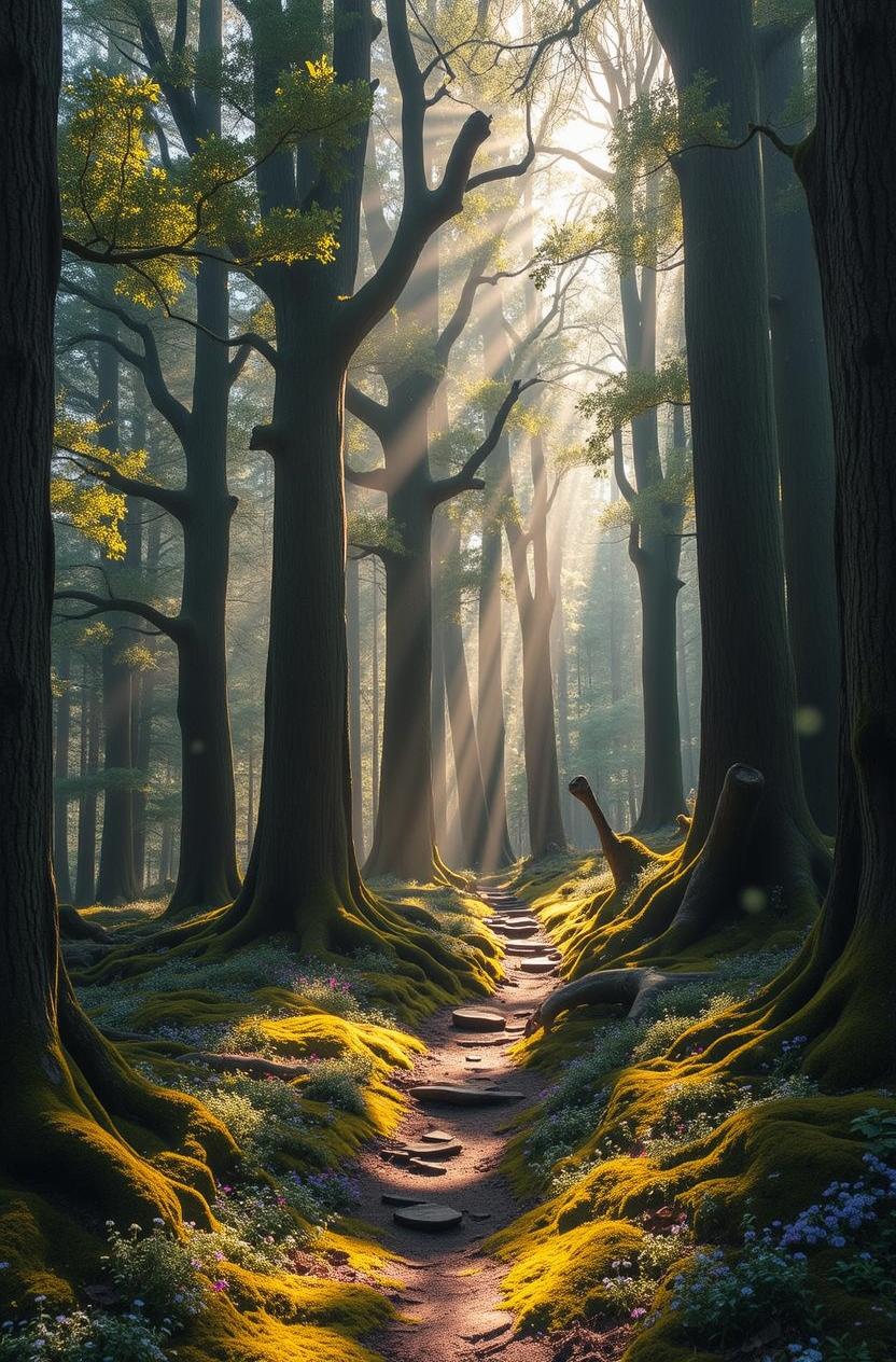 A serene forest scene, featuring a sunlit path winding through tall, majestic trees