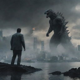 Revise the image depicting the man using his extraordinary powers to teleport Godzilla from the wrecked cityscape to a serene, secluded lakeside scene, offering a stark contrast in atmospheres