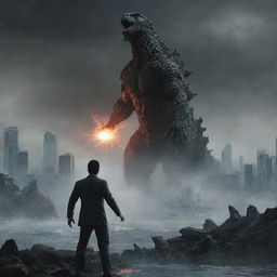 Revise the image depicting the man using his extraordinary powers to teleport Godzilla from the wrecked cityscape to a serene, secluded lakeside scene, offering a stark contrast in atmospheres