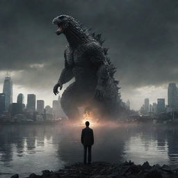 Revise the image depicting the man using his extraordinary powers to teleport Godzilla from the wrecked cityscape to a serene, secluded lakeside scene, offering a stark contrast in atmospheres