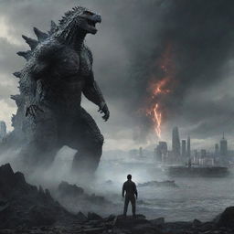 Revise the image depicting the man using his extraordinary powers to teleport Godzilla from the wrecked cityscape to a serene, secluded lakeside scene, offering a stark contrast in atmospheres