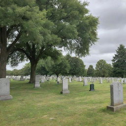 A serene and peaceful cemetery adorned with well-kept tombstones and lush, green grass under a soft, cloudy sky.