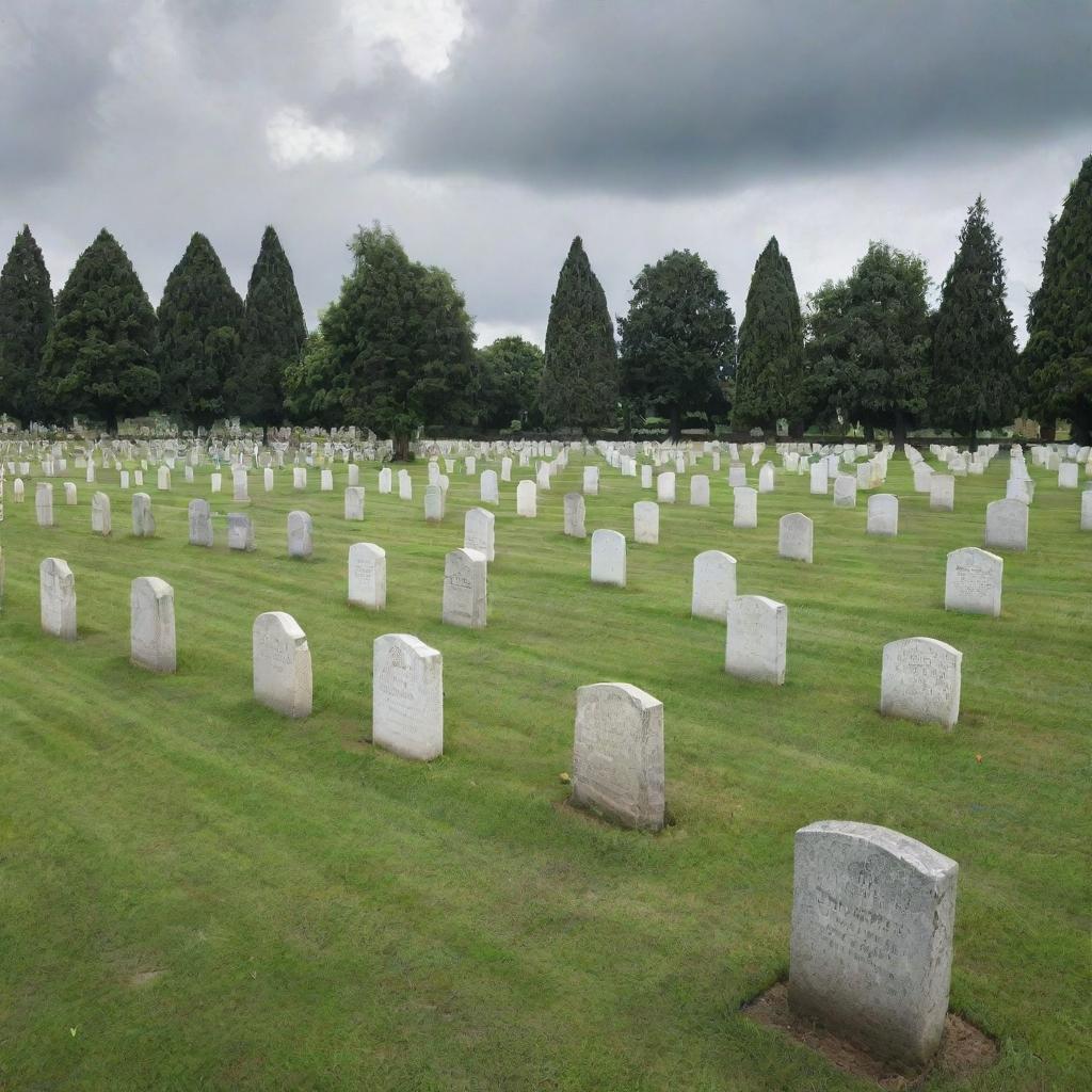 A serene and peaceful cemetery adorned with well-kept tombstones and lush, green grass under a soft, cloudy sky.