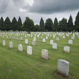 A serene and peaceful cemetery adorned with well-kept tombstones and lush, green grass under a soft, cloudy sky.