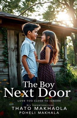 A romantic scene featuring a boy and a girl standing in front of an old, rustic shack house