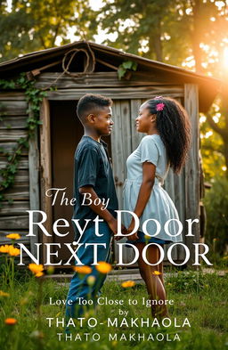 A romantic scene featuring a boy and a girl standing in front of an old, rustic shack house