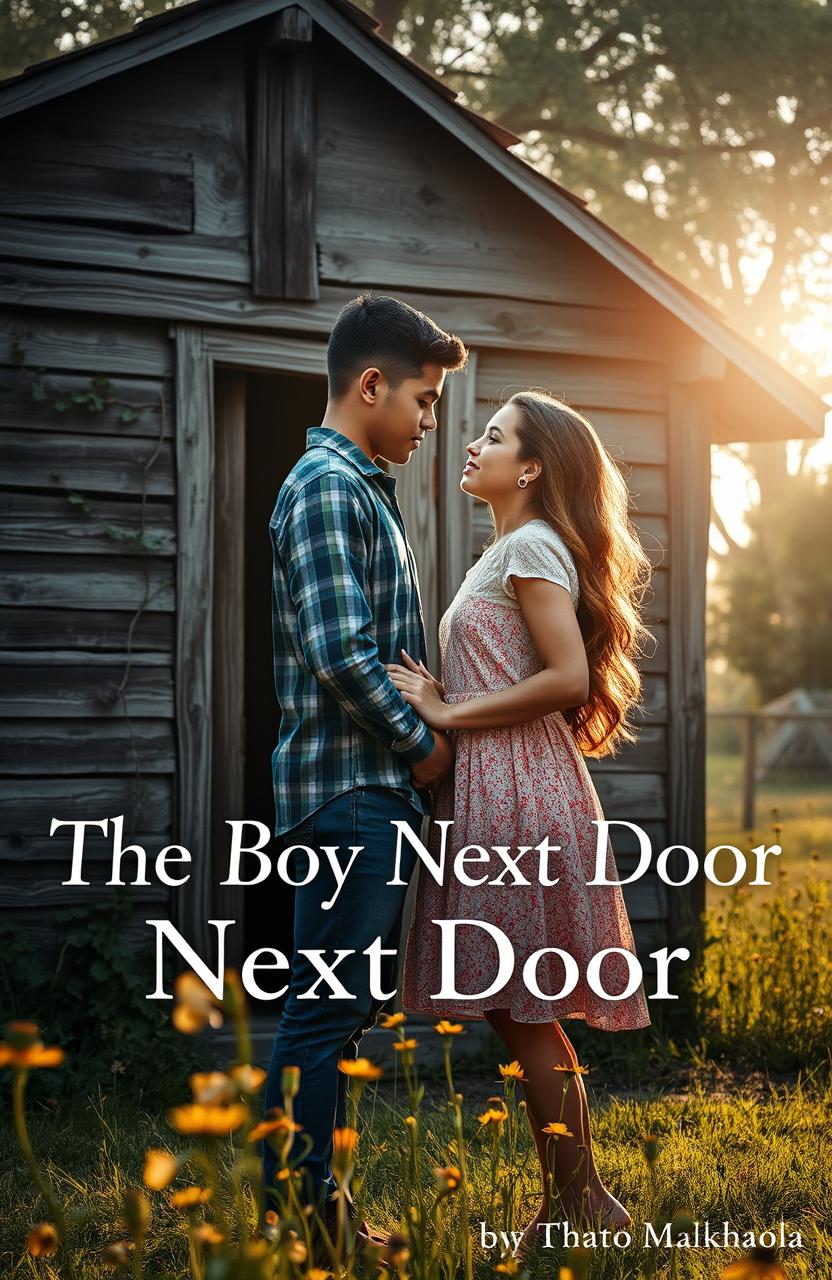 A romantic scene featuring a boy and a girl standing in front of an old, rustic shack house