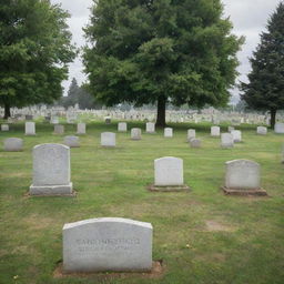 A serene and peaceful cemetery adorned with well-kept tombstones and lush, green grass under a soft, cloudy sky.