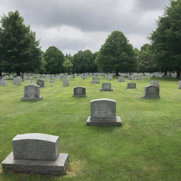 A serene and peaceful cemetery adorned with well-kept tombstones and lush, green grass under a soft, cloudy sky.