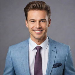 A portrait of a confident man dressed in stylish modern clothes, with sharp features, combed hair, and a friendly smile.