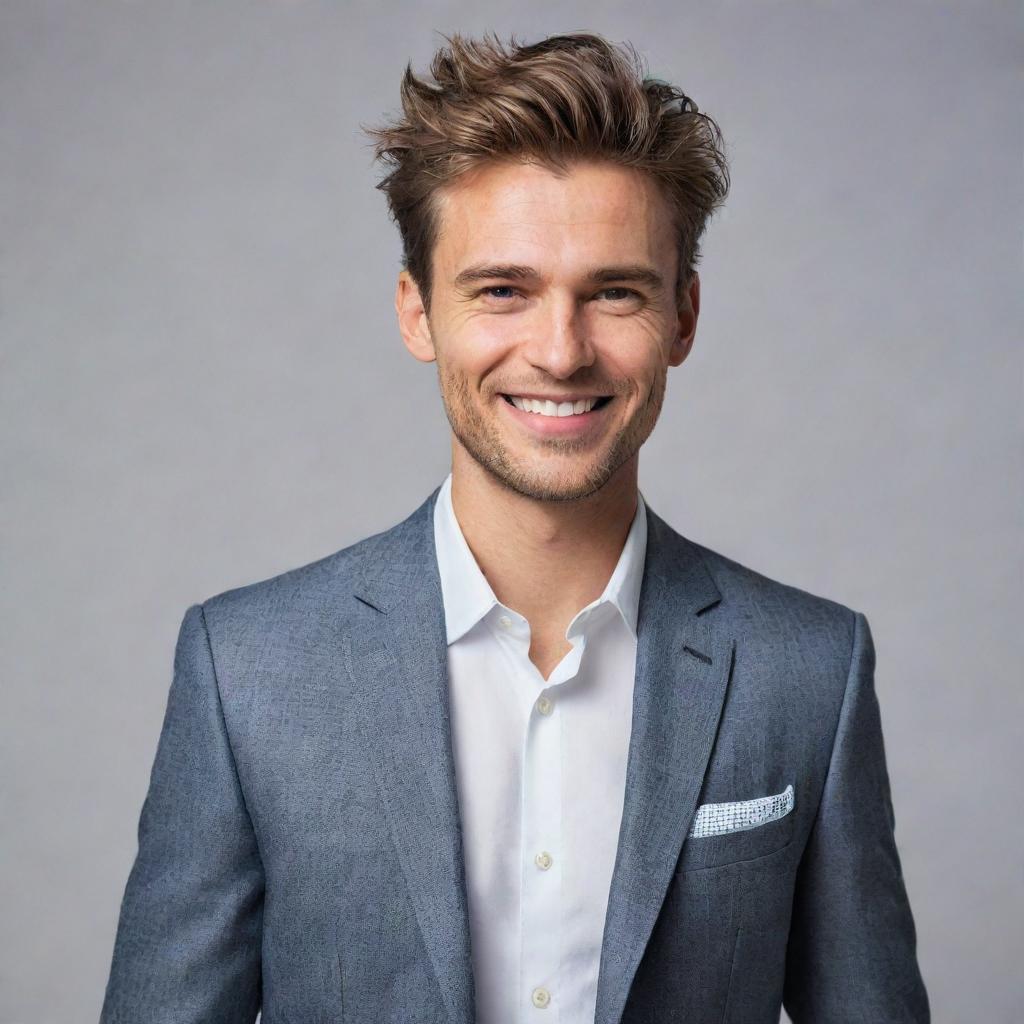 A portrait of a confident man dressed in stylish modern clothes, with sharp features, combed hair, and a friendly smile.