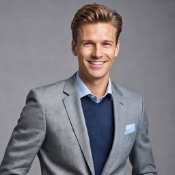 A portrait of a confident man dressed in stylish modern clothes, with sharp features, combed hair, and a friendly smile.