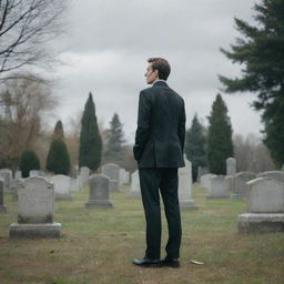 The same stylishly dressed man, now standing solemnly in the serene and peaceful cemetery from earlier, looking contemplative under the soft, cloudy sky