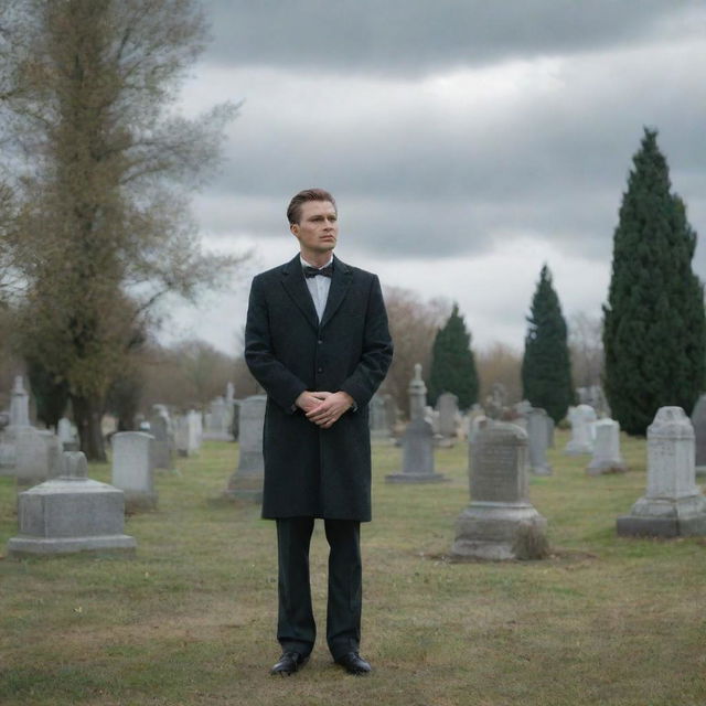 The same stylishly dressed man, now standing solemnly in the serene and peaceful cemetery from earlier, looking contemplative under the soft, cloudy sky