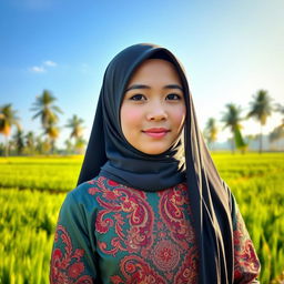 An elegant Acehnese hijabi girl, dressed in a beautifully embroidered traditional Acehnese outfit known as 'baju kurung', adorned with intricate patterns and rich colors