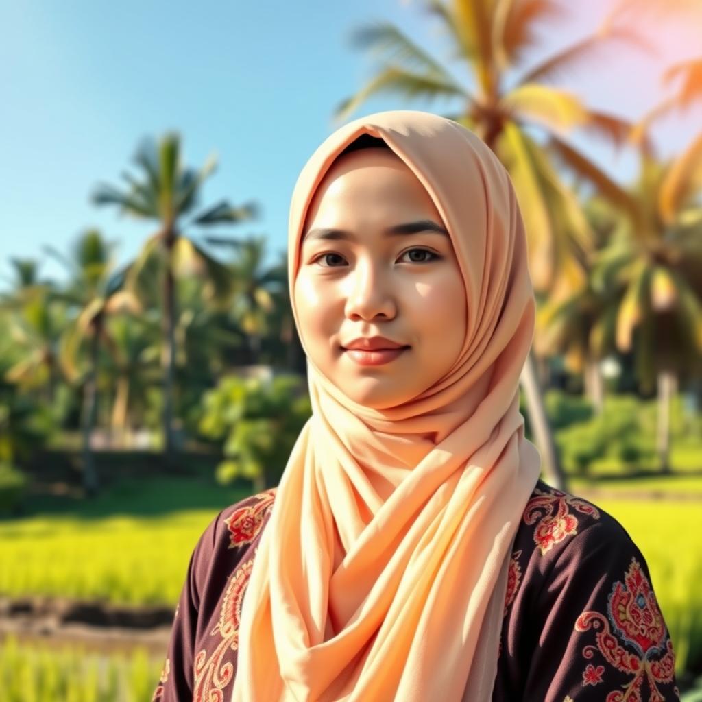 An elegant Acehnese hijabi girl, dressed in a beautifully embroidered traditional Acehnese outfit known as 'baju kurung', adorned with intricate patterns and rich colors