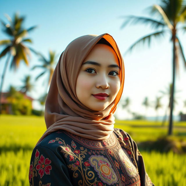 An elegant Acehnese hijabi girl, dressed in a beautifully embroidered traditional Acehnese outfit known as 'baju kurung', adorned with intricate patterns and rich colors