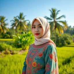An elegant Acehnese hijabi girl, dressed in a beautifully embroidered traditional Acehnese outfit known as 'baju kurung', adorned with intricate patterns and rich colors