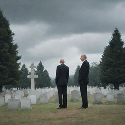 The same stylishly dressed man, now standing solemnly in the serene and peaceful cemetery from earlier, looking contemplative under the soft, cloudy sky