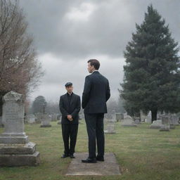 The same stylishly dressed man, now standing solemnly in the serene and peaceful cemetery from earlier, looking contemplative under the soft, cloudy sky