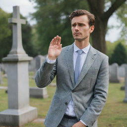 The stylishly dressed man in the serene cemetery, with a contemplative look on his face, raises his hand and gives a single, respectful clap