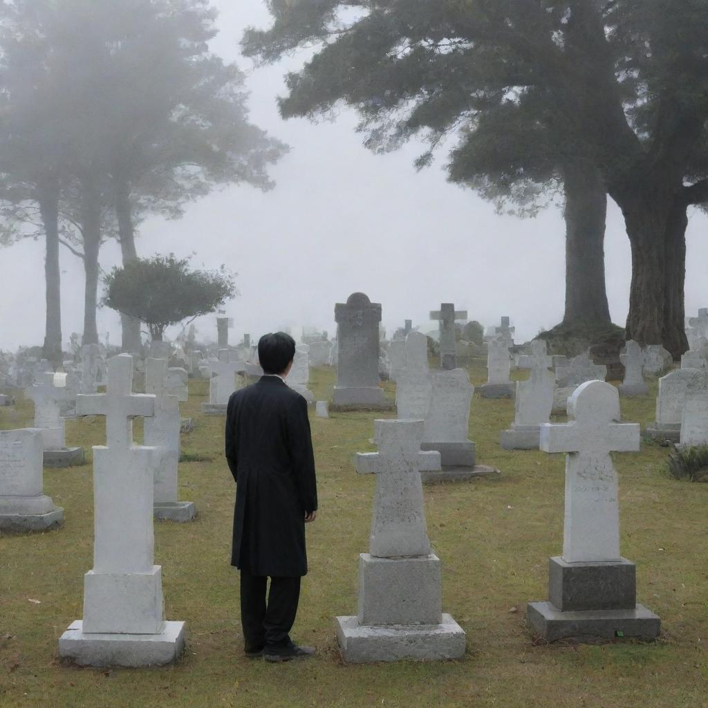 In the serene cemetery, a group of ethereal, spectral apparitions representing the victims of a tsunami, rise from their graves as the man looks on with surprise and awe