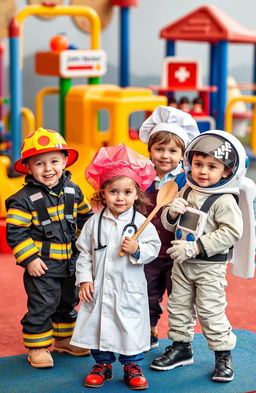 An imaginative and playful scene depicting children dressed up in various professions
