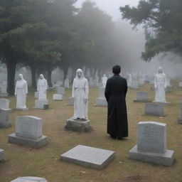 In the serene cemetery, a group of ethereal, spectral apparitions representing the victims of a tsunami, rise from their graves as the man looks on with surprise and awe